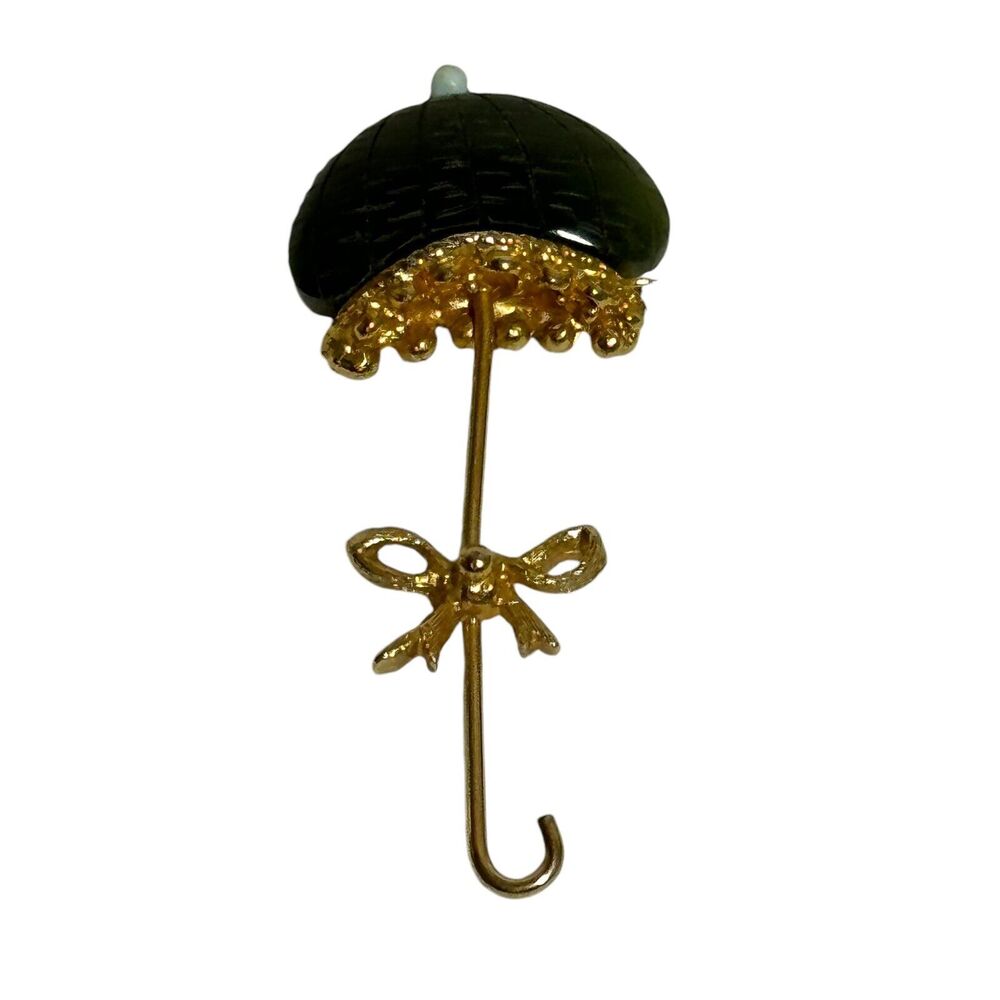 SIGNED SWOBODA Vintage Brooch Pin Jade Umbrella Genuine Gemstone MCM Jewelry
